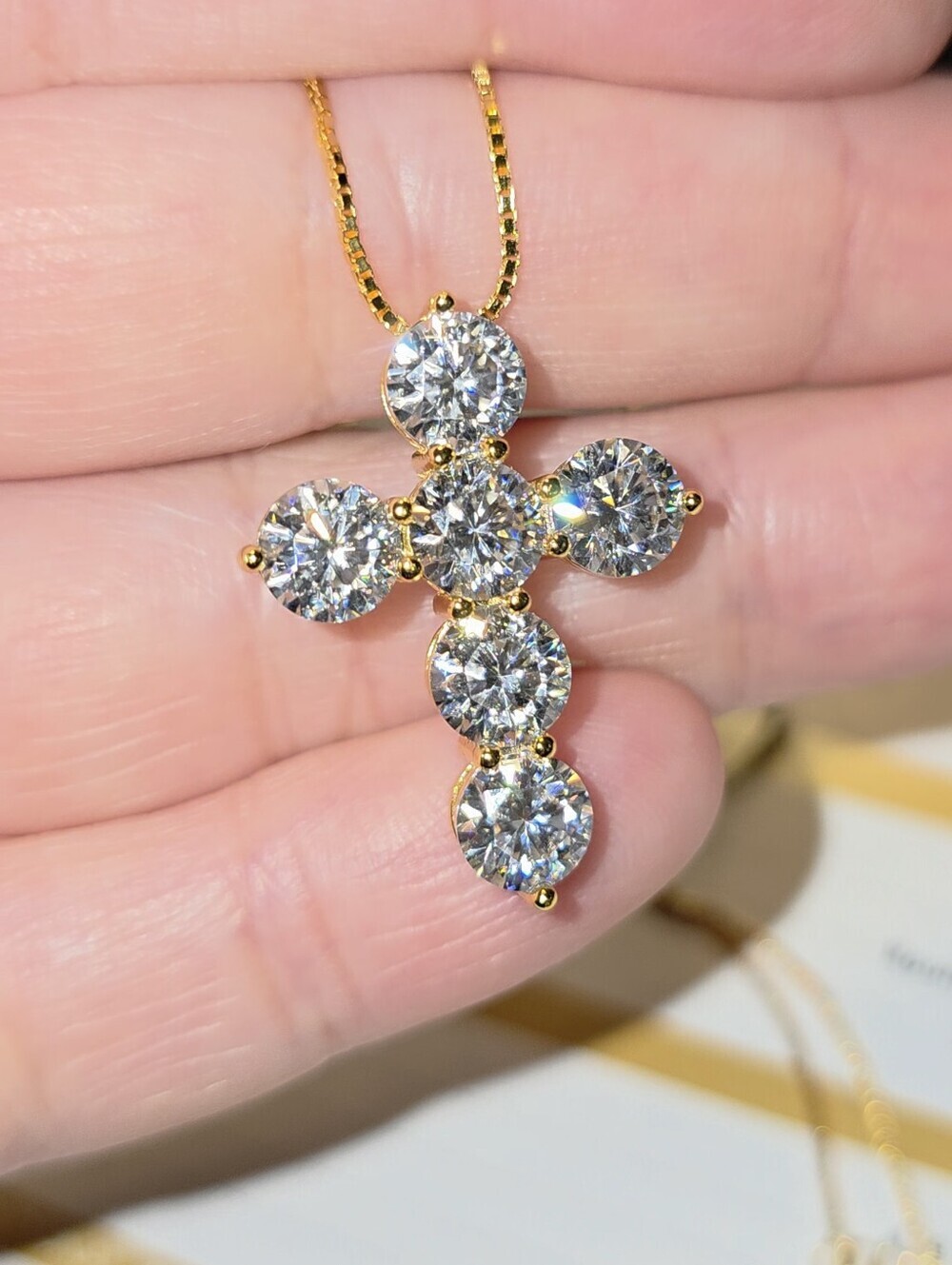 4.8 CTW CERTIFIED Moissanite Silver Cross Pendant Necklace. S925. Gold Plated.